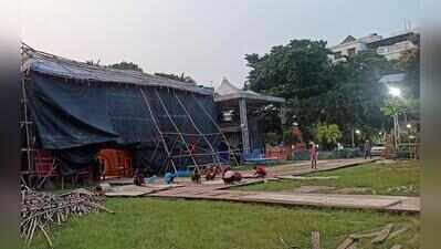 Tarpaulin sheets, raised platforms: Organisers add rain-protection in final days of puja prep