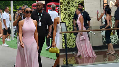 Amid pregnancy rumours, Kim Kardashian steps out in baby pink outfit to support Lewis Hamilton at Singapore GP