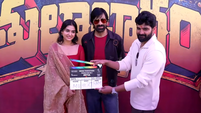 ‘Thulabharam’ pooja ceremony: Ravi Teja, Anaswara Rajan attend first clap event for Vivek Athreya directorial in Hyderabad
