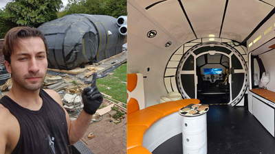 British prop maker spends £9,000 building a backyard spaceship with a bar, seating that doubles as a bed and a screen showing distant planets