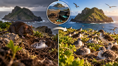 Scientists removed 18 invasive black rats from Mokoliʻi Island in 2002 using traps and poison bait; surviving Wedge-tailed Shearwater chicks rose from one to 185 by 2003
