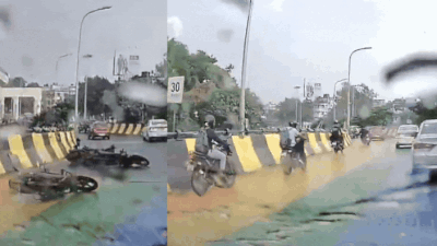 Watch: Bikers skid on Kolkata’s rainbow-painted flyover after rain ahead of Durga Puja
