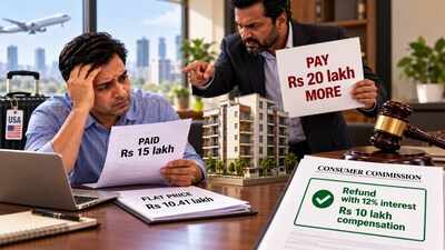 US-based homebuyer paid Rs 15 lakh for Rs 10.41 lakh flat, but builder demanded Rs 20 lakh more and allegedly threatened him; commission orders refund with 12% interest and Rs 10 lakh compensation