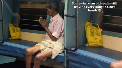 Barefoot grandpa folds his heart into prayer before a printed bag with a portrait of God while sitting on a train berth; netizens react with AI-generated divine pictures of God appearing before him