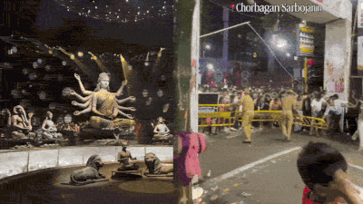 Kolkata stampede: Video shows crowd breaching barricades, tussling with cops at Chorbagan pandal day before tragedy