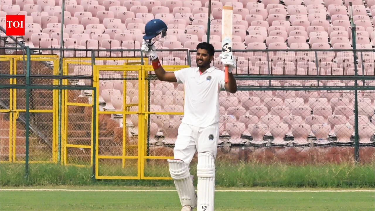 Sachin Yadav celebrates his century for Rajasthan at Sawai Man Singh Stadium