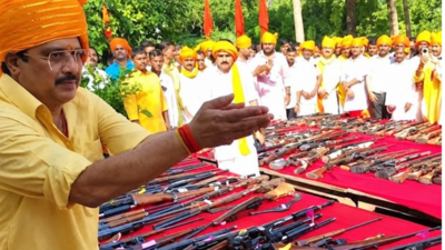 ‘Different tusks for display, eating’: MLA Raja Bhaiya worships 500-plus weapons on Dussehra in UP