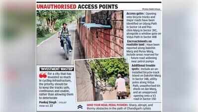 Parked cars barriers, leaning poles sentries on Chandigarh’s bicycle tracks.