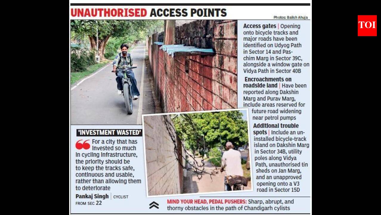 Parked cars barriers, leaning poles sentries on Chandigarh’s bicycle tracks.