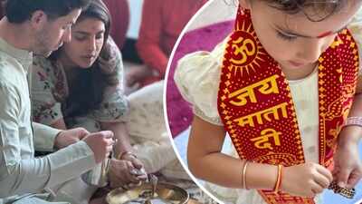 Priyanka Chopra and Nick Jonas celebrate Dussehra with family puja; daughter Malti Marie wins hearts with her ‘Jai Mata Di’ scarf - PICS