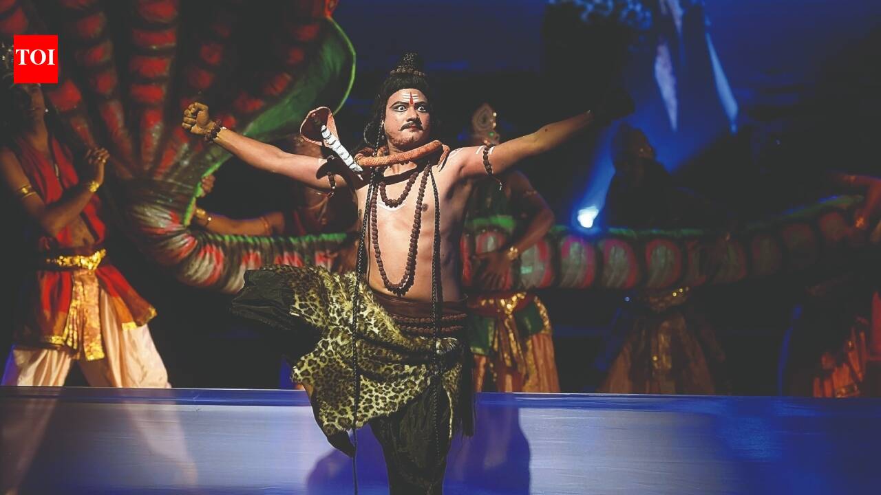 Stage production of Samudra Manthan with elaborate costumes and set