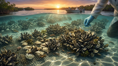 In 2004, Florida researchers used 36 recycled oyster shells per reef mat, helping restore Mosquito Lagoon reefs to around 1,000 live oysters per square metre