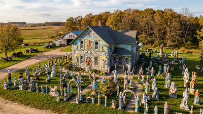 A Wisconsin dairy farmer sprained his ankle and began sculpting; 15 years later, Nick Engelbert had transformed his farmhouse into Grandview, with over 40 statues and colourful decorations