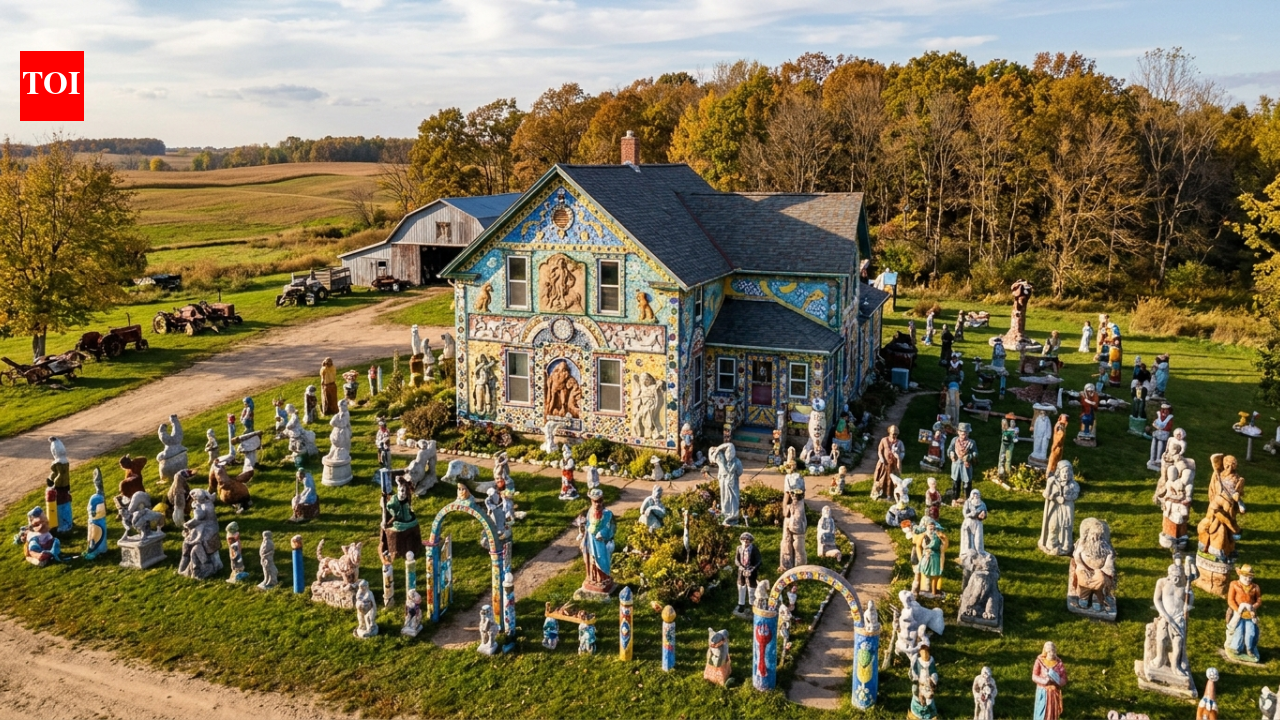 A Wisconsin dairy farmer sprained his ankle and began sculpting; 15 years later, Nick Engelbert had transformed his farmhouse into Grandview, with over 40 statues and colourful decorations