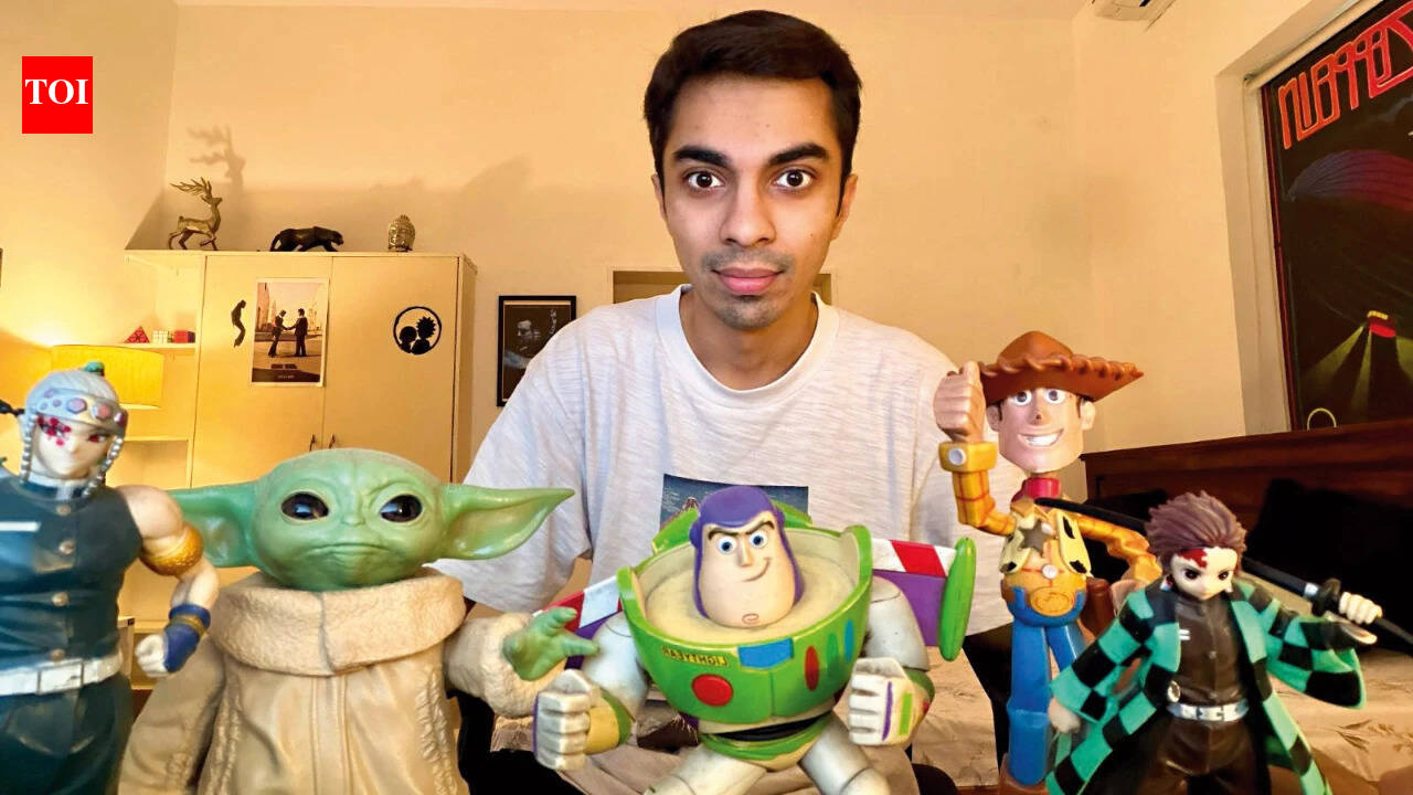Adult collector with toys and models