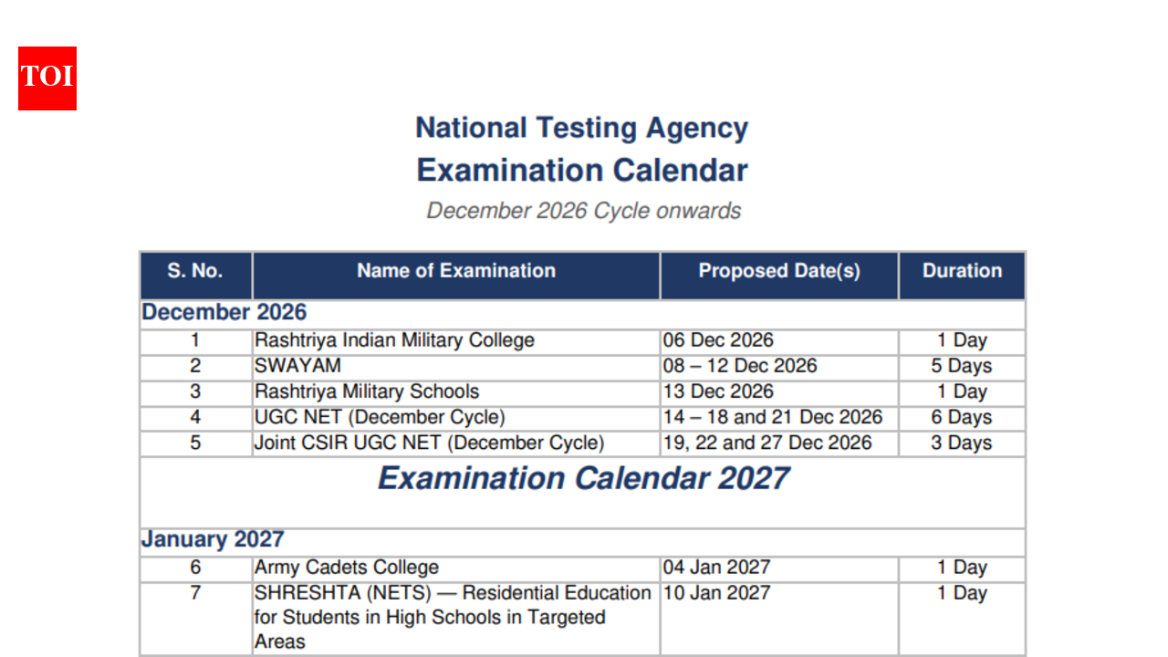 NTA releases revised exam calendar from December 2026 onwards; check dates for UGC NET, JEE Main and other exams