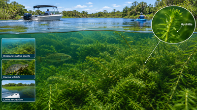 An aquarium plant escaped into Florida waterways in the 1950s; within 40 years, hydrilla had spread to over 70% of the state’s watersheds