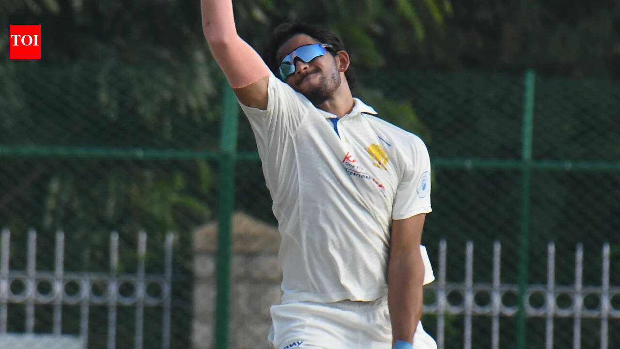 Karnataka bowlers in action against Tripura in Mysuru Ranji Trophy match