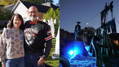 A Michigan father and his family have added a pirate ship to their front-yard Halloween world, complete with blue lighting and skeleton sailors, with live actors set to take over on October 31