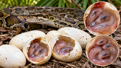 Scientists find twin and triplet embryos inside two eggs laid by one wild Burmese python in Florida, marking a first for snakes