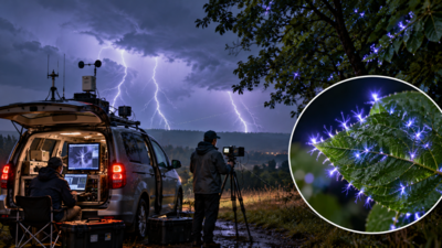 Scientists chase thunderstorms in a modified minivan and capture 952 tiny electrical discharges glowing across tree leaves, confirming a phenomenon suspected for more than 70 years