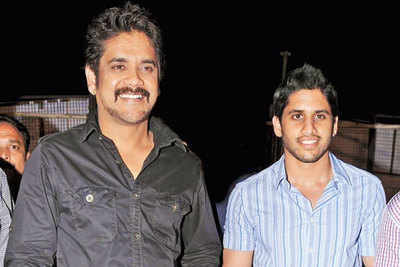 Nagarjuna's sons at a party celebrating the music launch of his film 'Damarukam' in Hyderabad