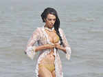 Judi Shekoni in skimpy outfit on Mumbai beach
