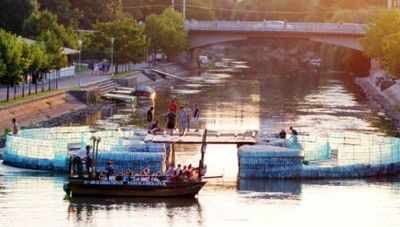 People build bridge out of plastic bottles in Romanian city