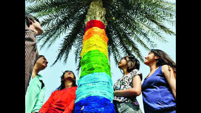 Students of Shiv Nadar University create 'rainbow tree' in Noida