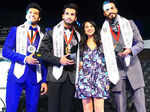 Mr. India 2015 winners pose with a guest during Provogue personal care Mr. India 2015 pageant