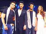 Mohit Marwah (2R) and Jhatelaka Malhotra pose with Prateek Gujral(L) and Rahul Rajsekharan (2R) during Provogue personal care