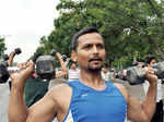 A participant works out during the Raahgiri Day