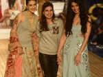 Designer Monisha Jaising with Pernia Qureshi and Kriti Sanon during her show