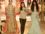 Designer Monisha Jaising with Pernia Qureshi and Kriti Sanon