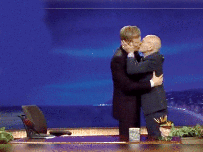 Patrick Stewart Patrick Stewart Smooches Conan O Brien On The Mouth On Tv Times Of India