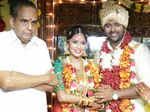 M Saravanan poses with newlyweds Shanthanu Bhagyaraj and Keerthi