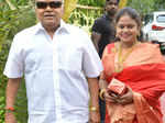 Radha Ravi arrives with a guest for the wedding ceremony