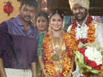 Vijay poses with newlyweds Shanthanu Bhagyaraj and Keerthi