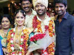 Soori poses with newlyweds Shanthanu Bhagyaraj and Keerthi