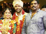 Actor 'Besant' Ravi poses with newlyweds Shanthanu Bhagyaraj and Keerthi