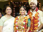 Revathy poses with newlyweds Shanthanu Bhagyaraj and Keerthi