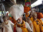 Hindu pilgrims arrive at a train station in Nasik