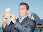 Arnold Schwarzenegger takes a selfie during Terminator Genisys
