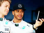 Lewis Hamilton of Great Britain, and Mercedes GP and Nico Rosberg of Germany clicked a selfie