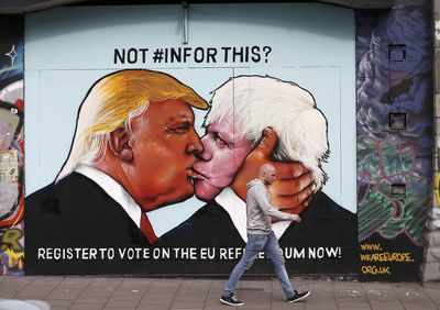 Pro-EU group unveils mural of Donald Trump kissing London ex-mayor Boris Johnson