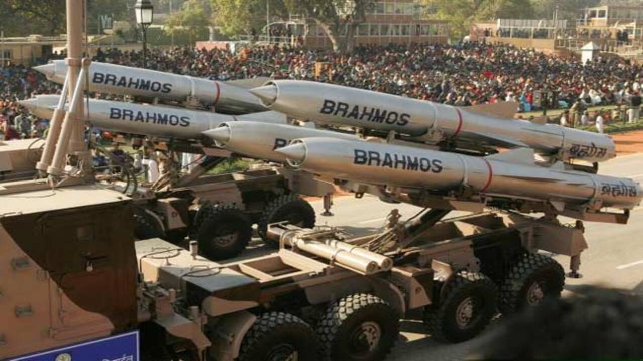 BrahMos missile launchers mounted on military vehicles during defense display