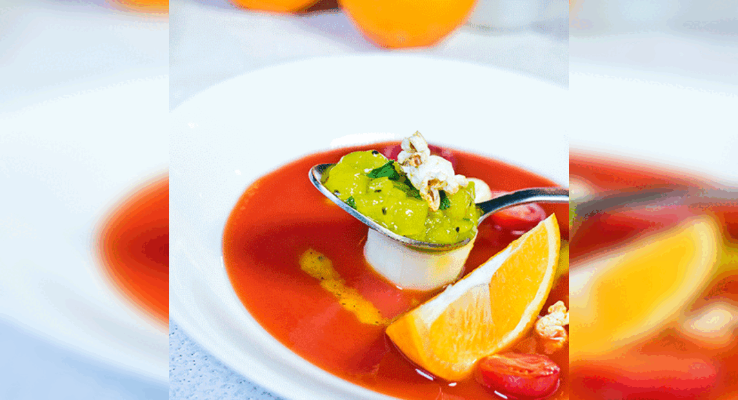 Chilled Mango & Tomato Gazpacho with Popcorn recipe by Ranveer Brar on Times Food