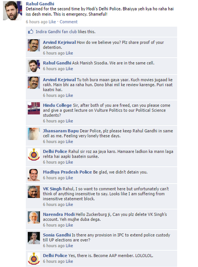 Facebook Wall of Rahul Gandhi after getting detained by Delhi Police