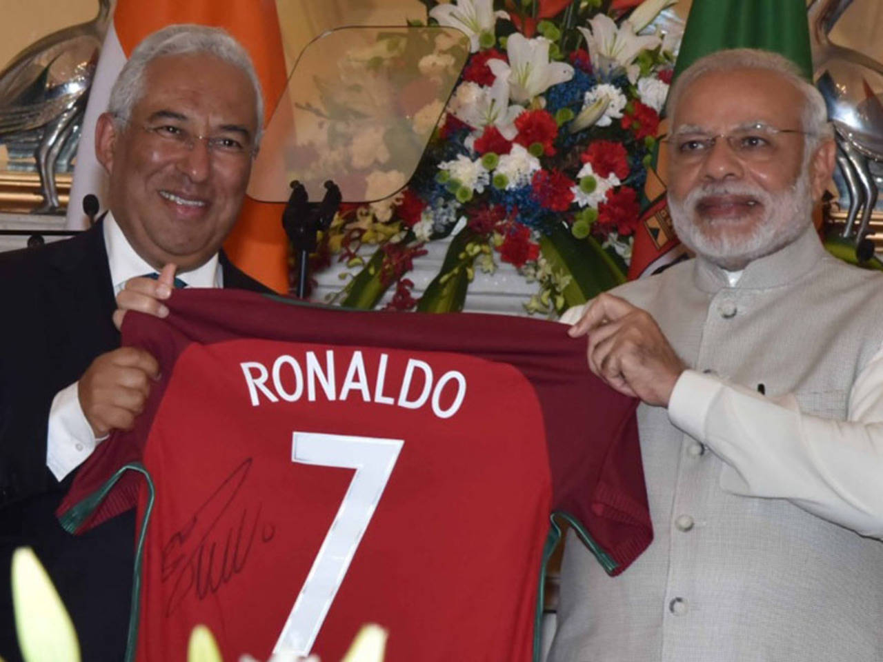 PM Modi receives jersey signed by Cristiano Ronaldo from Portugal PM  Antonio Costa