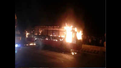 KSRTC bus catches fire; one dead, seven injured